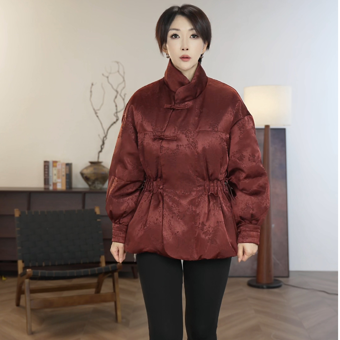 香云纱新中式桑蚕丝90白鹅绒气质显瘦高级感立领羽绒服冬季77563