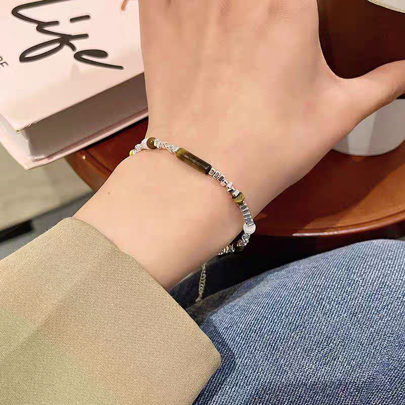 钛钢手链 轻奢小众虎眼石手串女高级感百搭气质碎银手链竹节古风