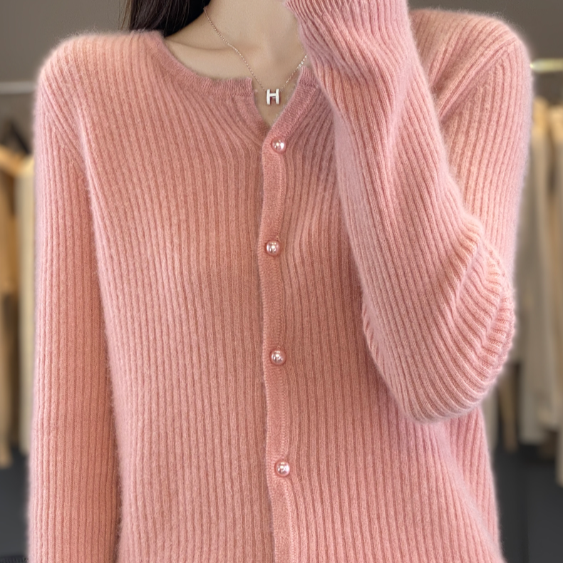 【星骓超细羊毛】100%纯羊毛珍珠扣圆领开衫女气质外穿羊毛衫D357