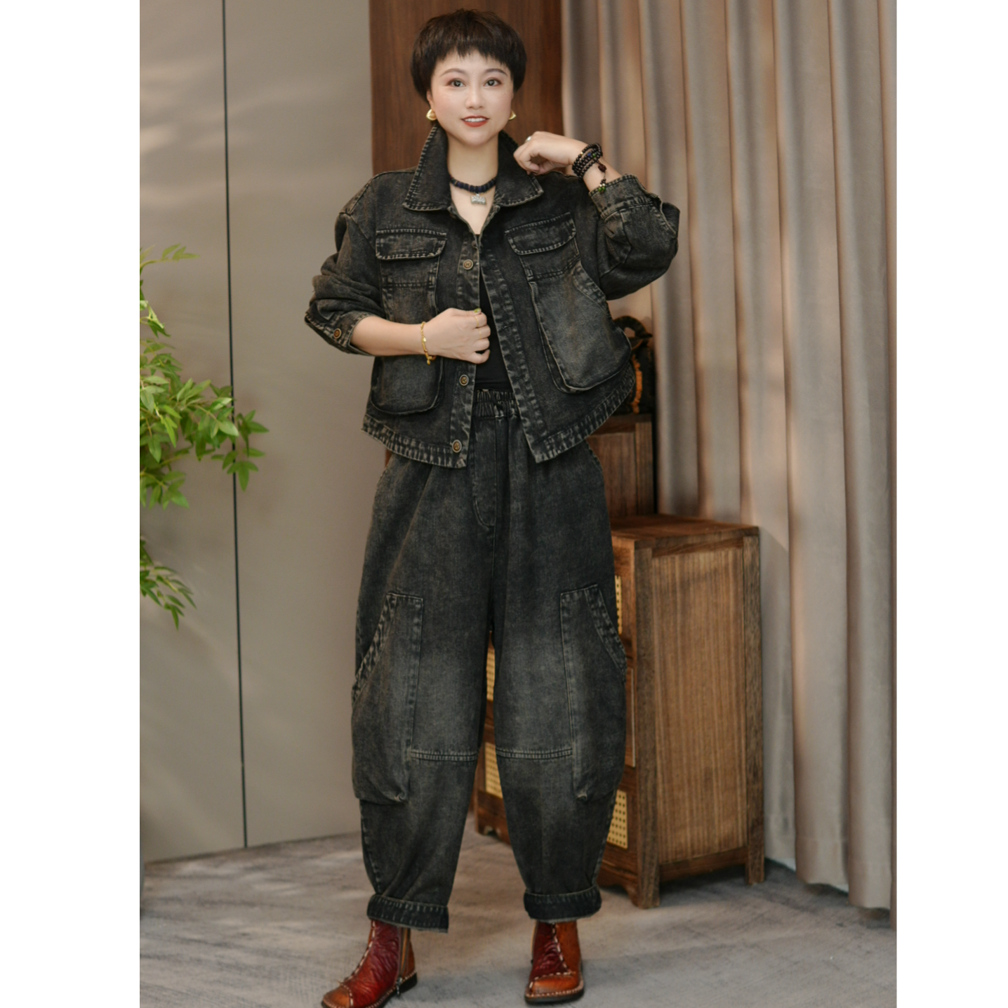 秋款时尚原创个性牛仔大口袋套装重工水洗老钱风松弛感女装贵气