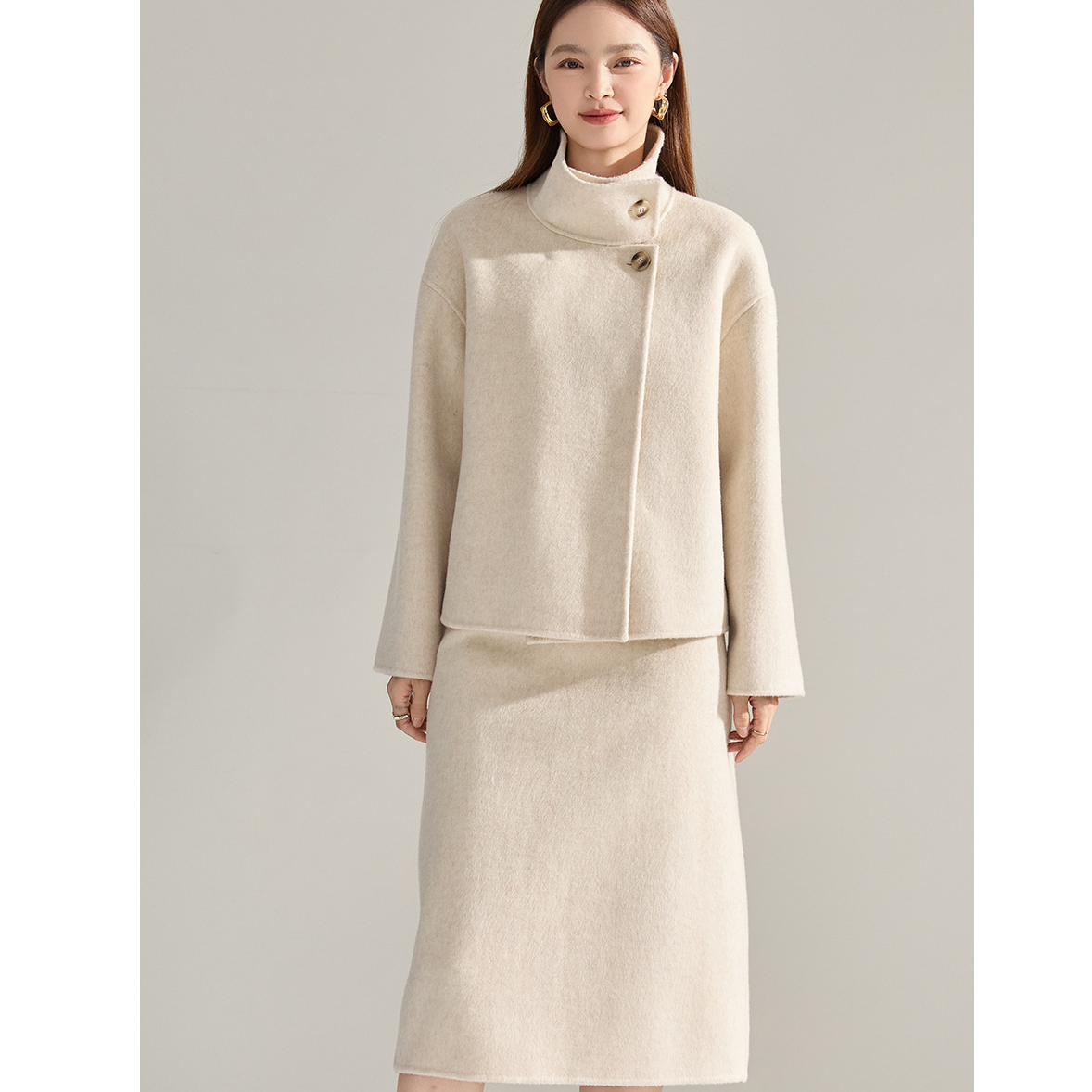 25秋冬新款立领短款羊绒天丝双面呢毛呢套装上衣22602半身裙22603