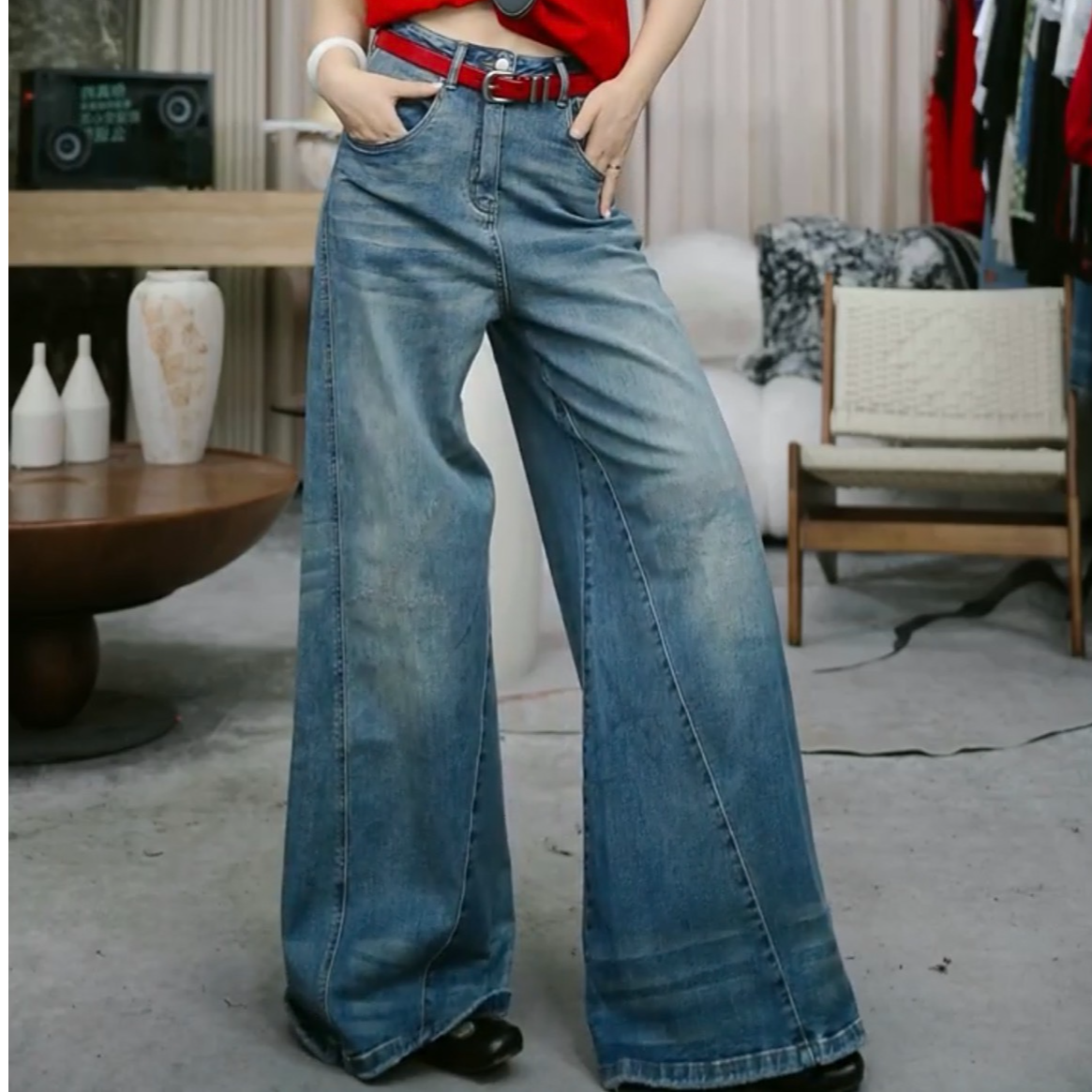 infobyfive福利秋冬新款蓝色立裁拼接牛仔裤喇叭裤四店NF0507407