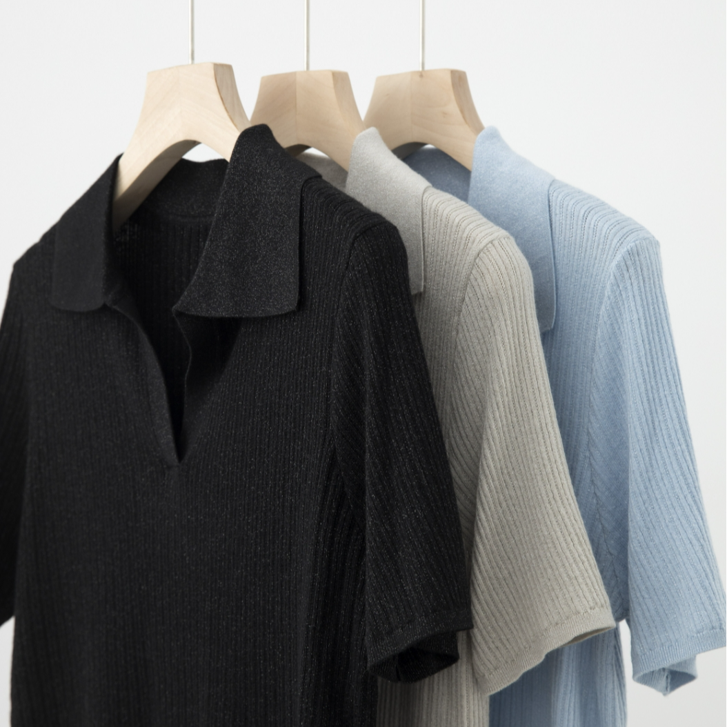 亮丝V字翻领通勤显瘦百搭短袖针织衫ZZS4C2525