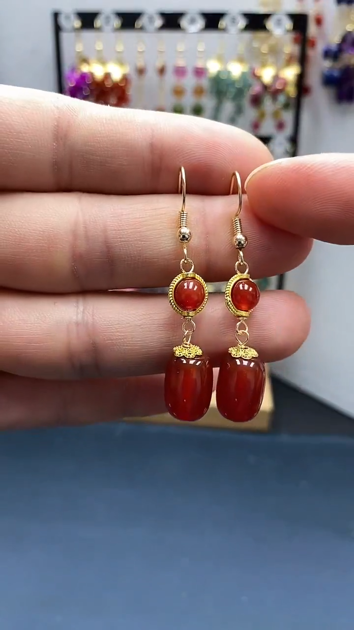 【闪购商品】南红玛瑙耳饰银S925镀金镶嵌桶珠00