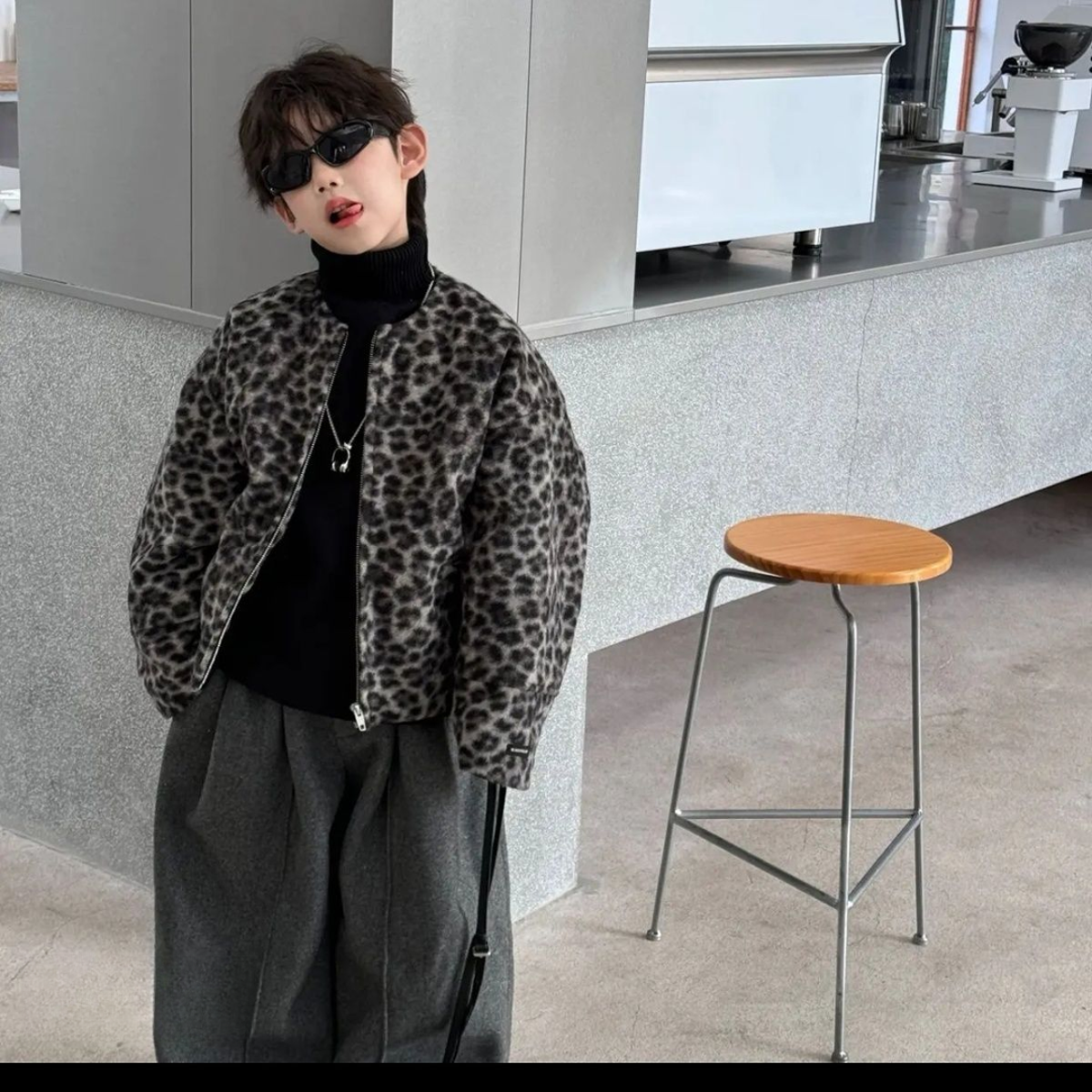 冬季新款韩版男女童夹棉加厚豹纹夹克外套儿童加绒西装裤两件套装