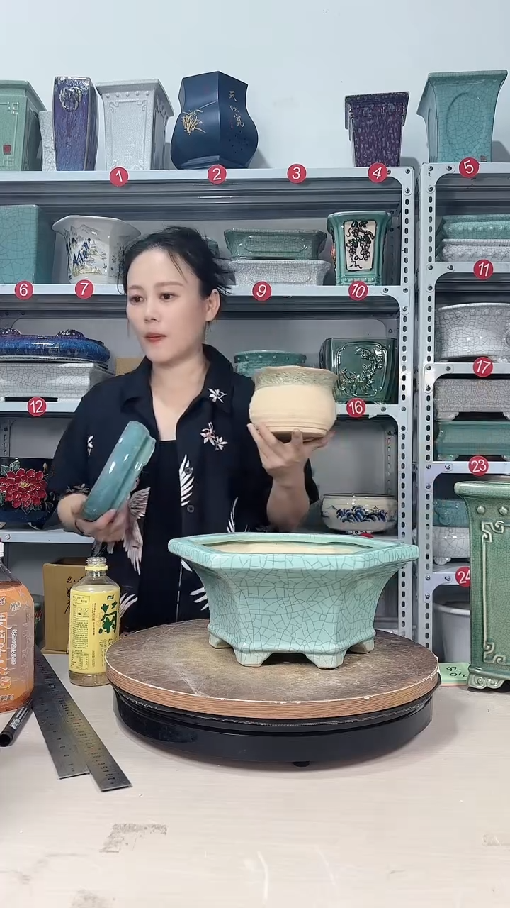 六角豆青冰裂精品盆