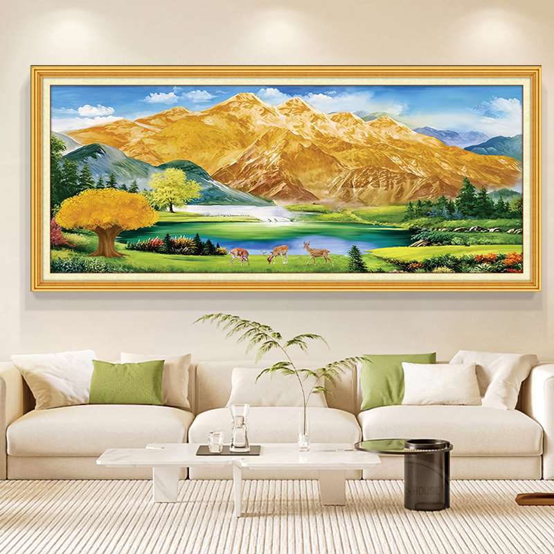 背靠金山十字绣聚宝盆山水画客厅办公室茶室新房子背景墙装饰画