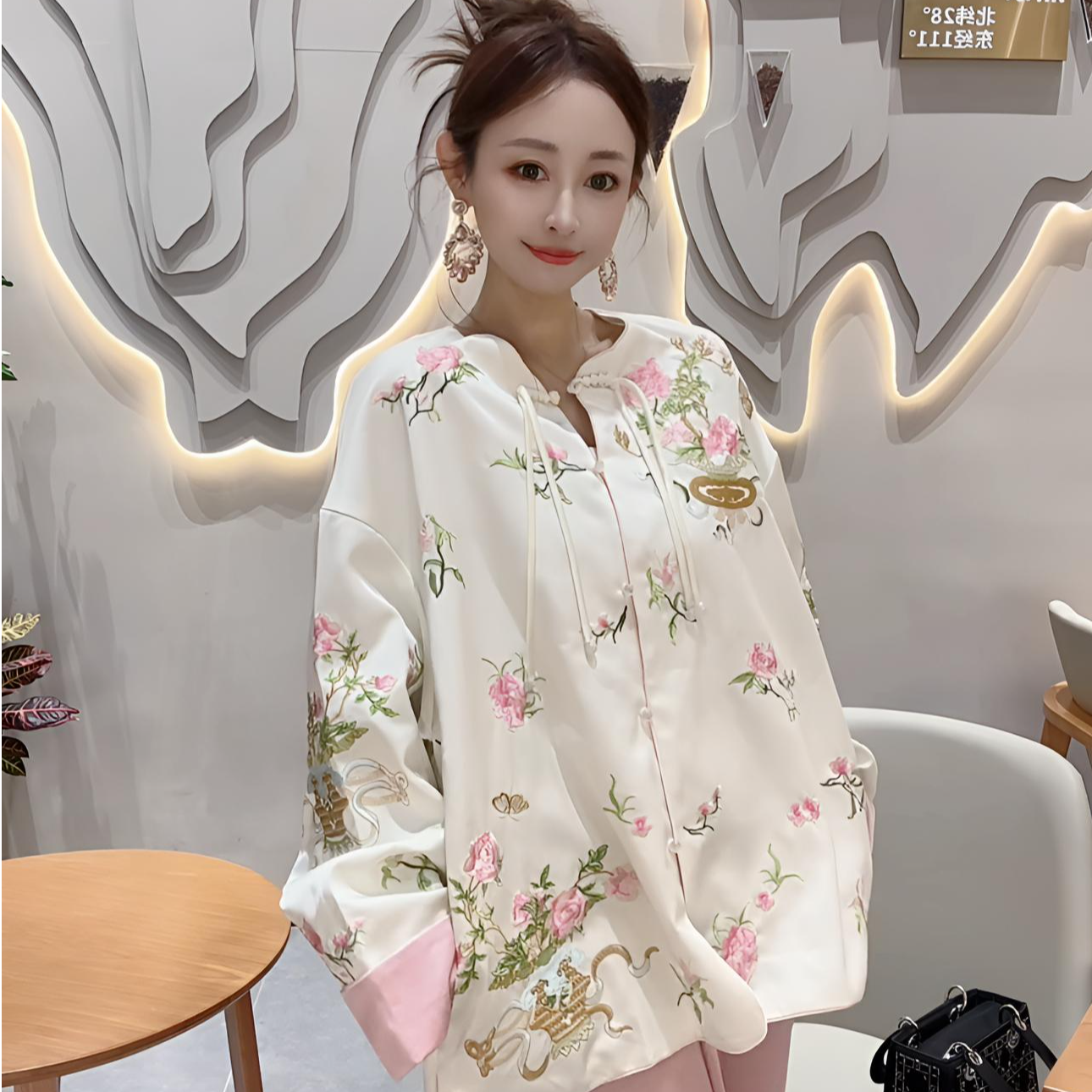 「嫣然桃花」新中式外套 国风醋酸重工刺绣盘扣衬衫外套
