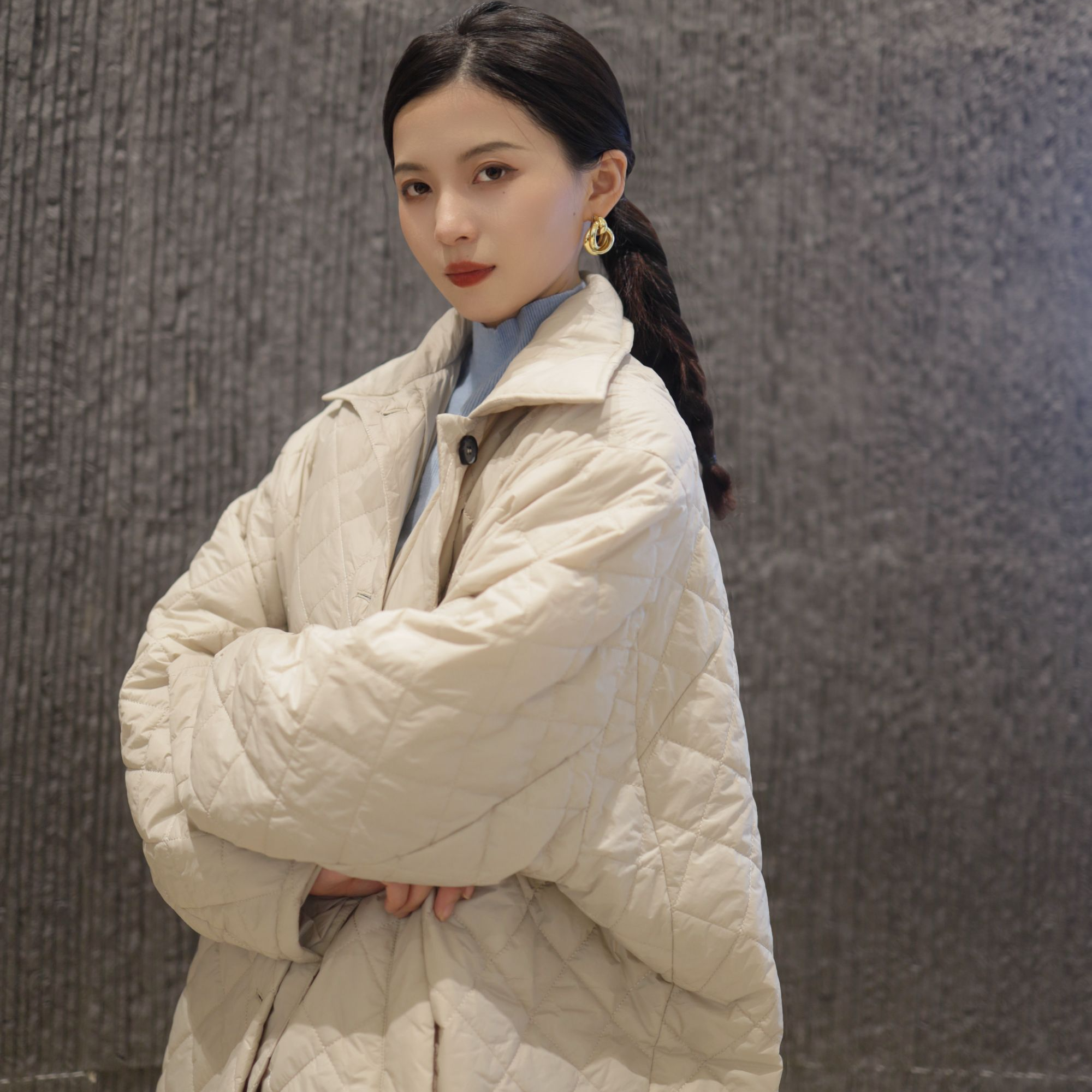韩系翻领宽松菱格棉服