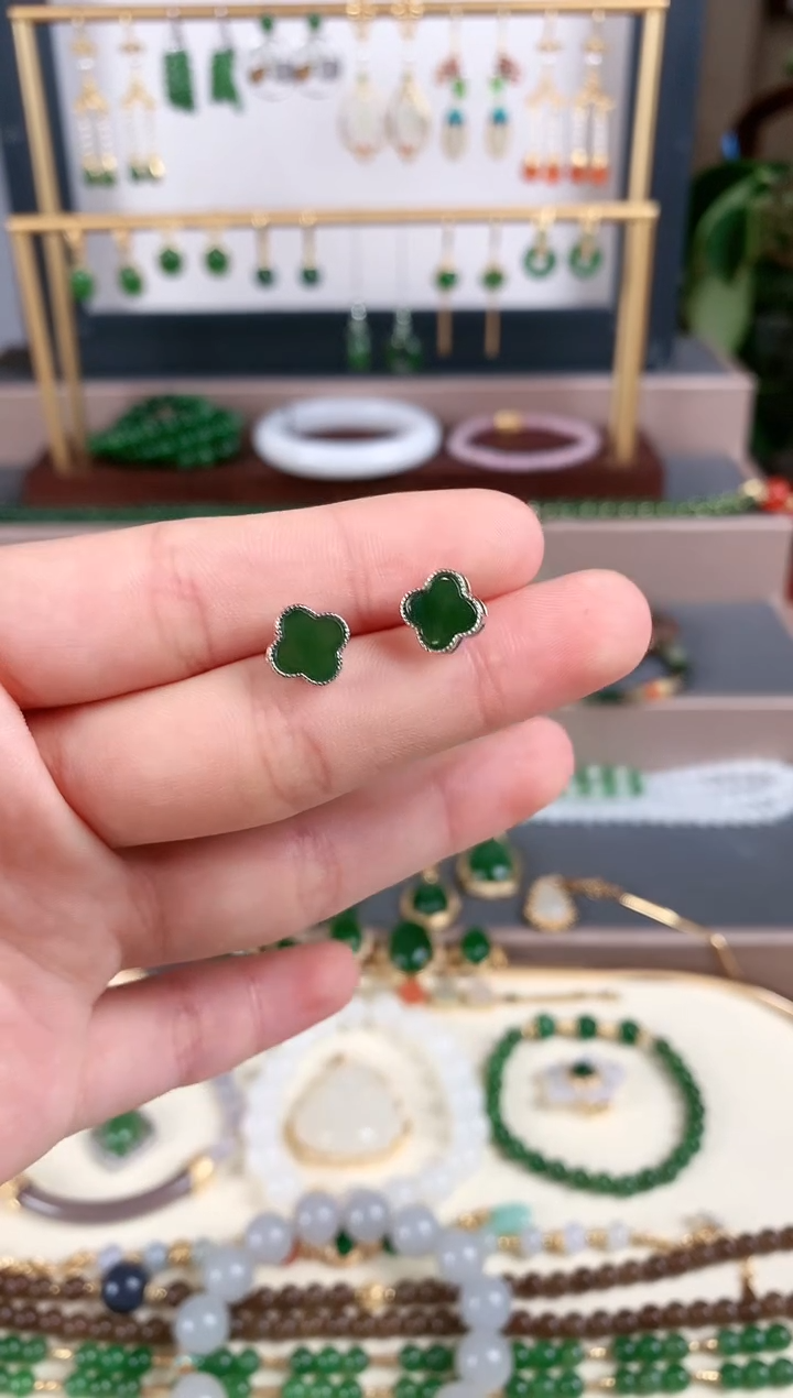 银S925镶嵌和田玉耳饰1