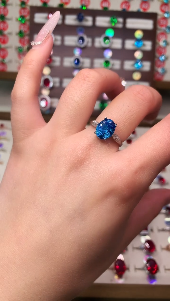 银S925镶嵌戒圈海蓝宝石8*10 银托