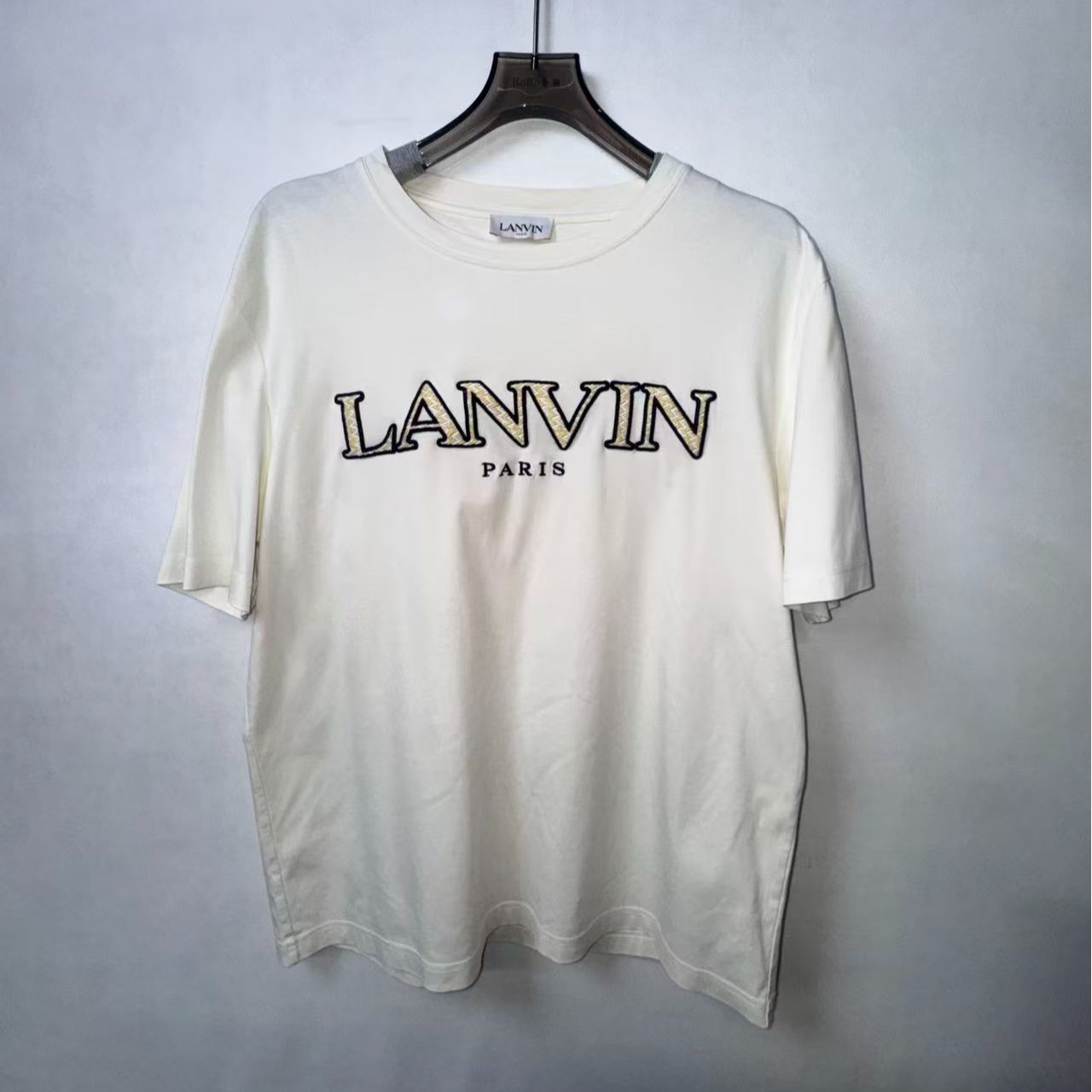 95新 LANVIN SS23字母刺绣休闲圆领短袖T恤 男款 淡黄色 L码