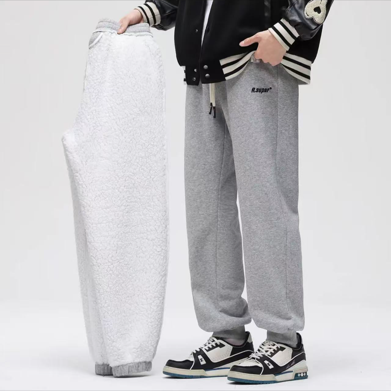 2126J爆米花绒加绒加厚保暖抽绳防寒松紧直筒休闲长裤束脚卫裤