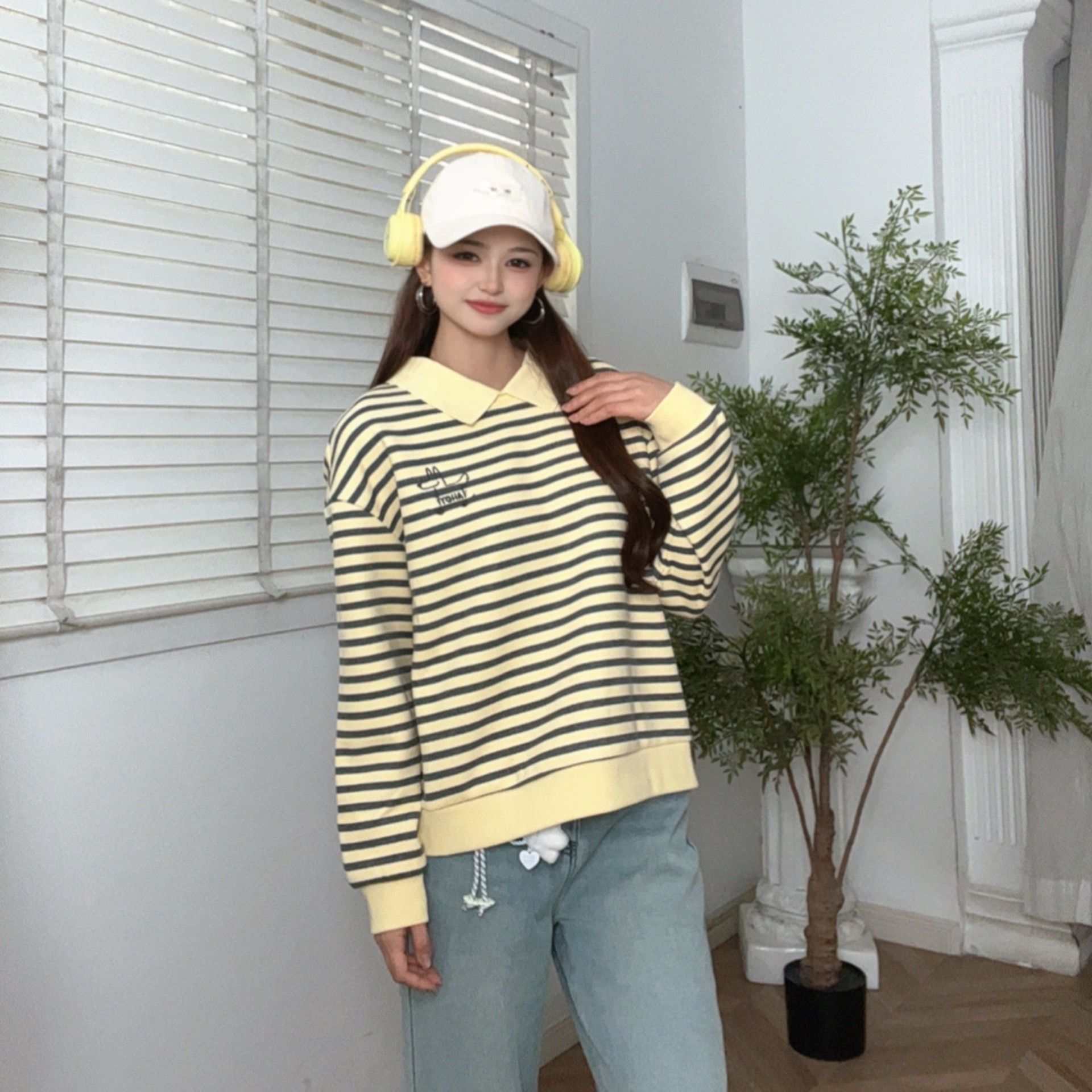 IEF/爱依服2025新款秋冬季针织卫衣长袖短款时尚休闲百搭宽松条纹