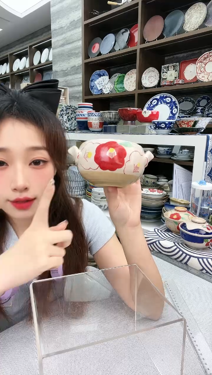 陶濑户烧手绘红花小双耳钵400ml