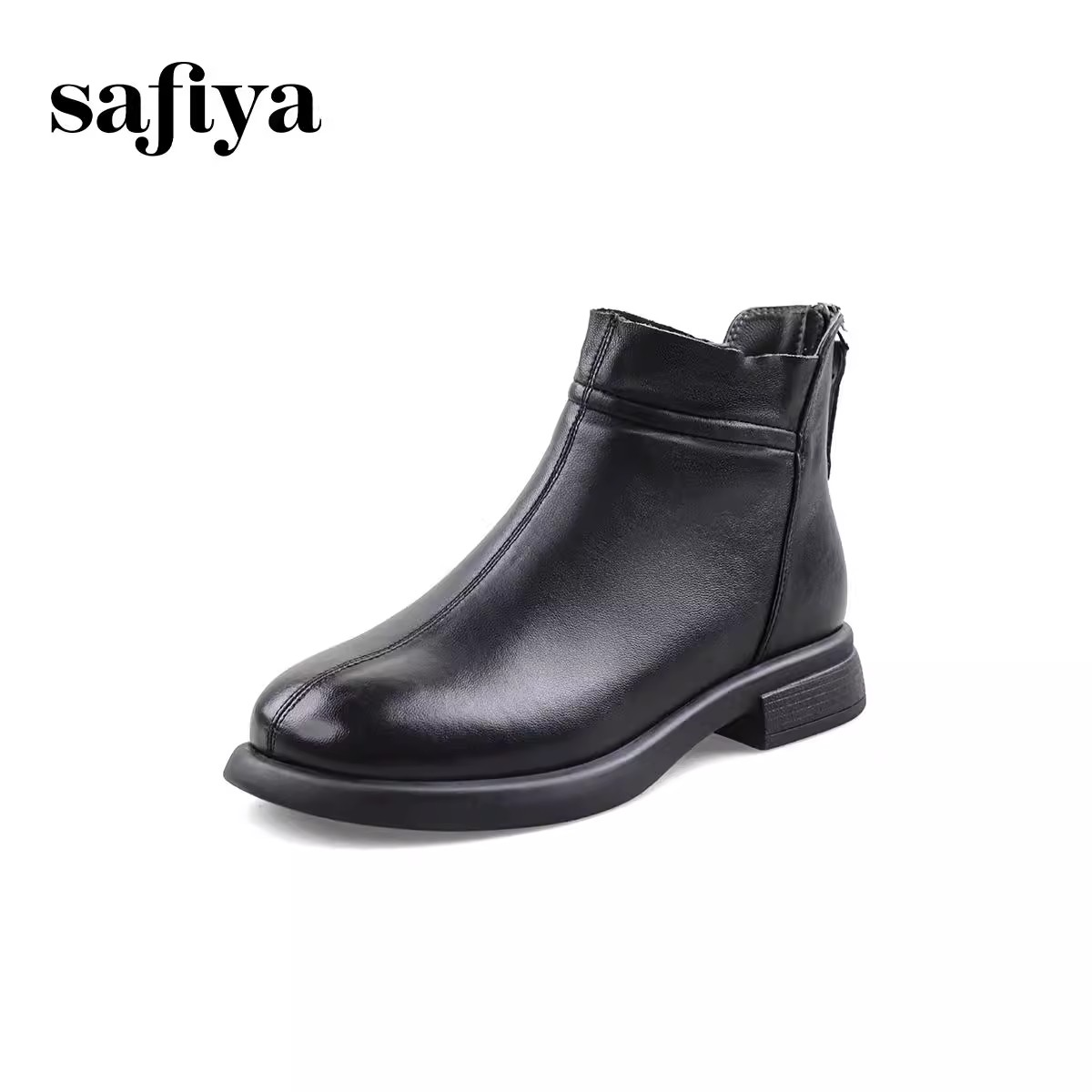 Safiya/索菲娅25新款复古英伦风羊皮方跟后拉链百搭休闲瘦瘦短靴