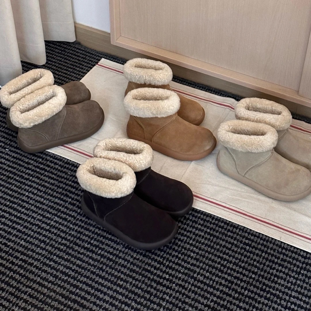 河南桑坡发货真皮真毛女士厚底卷毛土豆短靴保暖冬季雪地靴