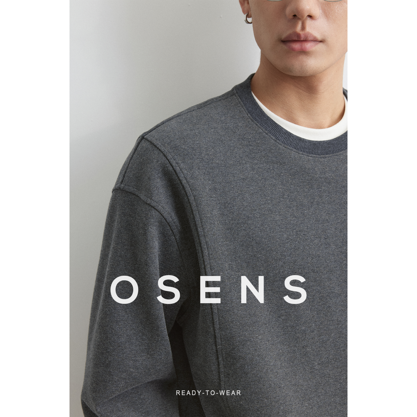 OSENS混色双层针织解构设计高智格雷系圆领套头卫衣长袖上衣男秋