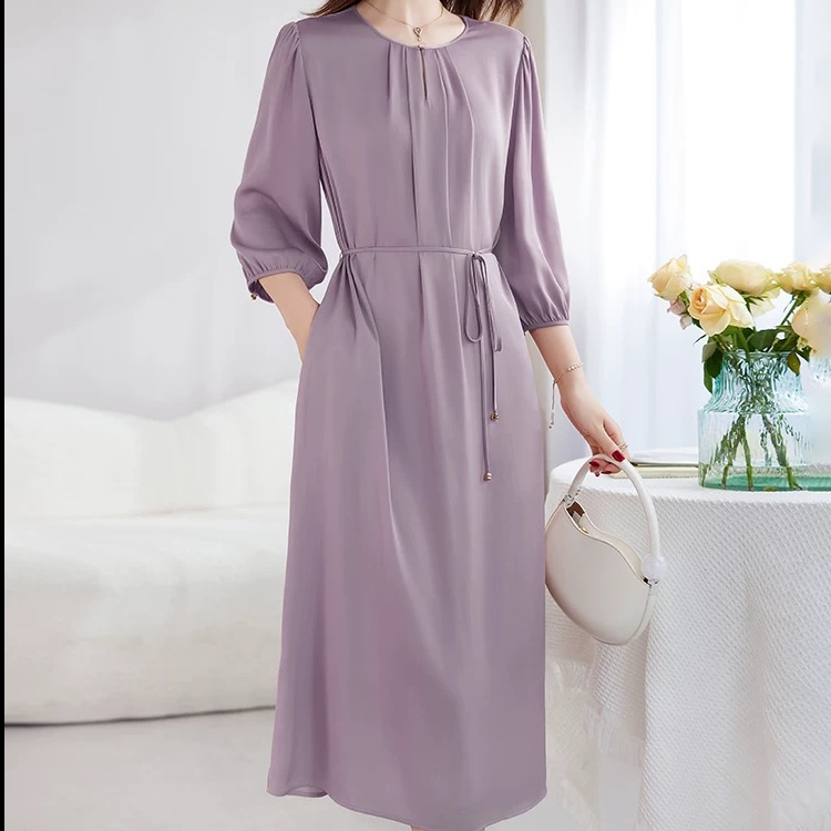 夏季修身新款重磅真丝桑蚕丝弹力双乔连衣裙法式收腰时尚343