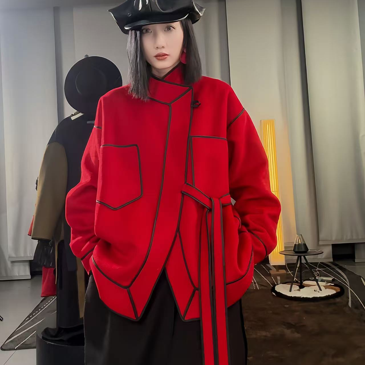 2025小众设计国风新中式斜襟款大衣女高级感时尚宽松不规则厚上衣