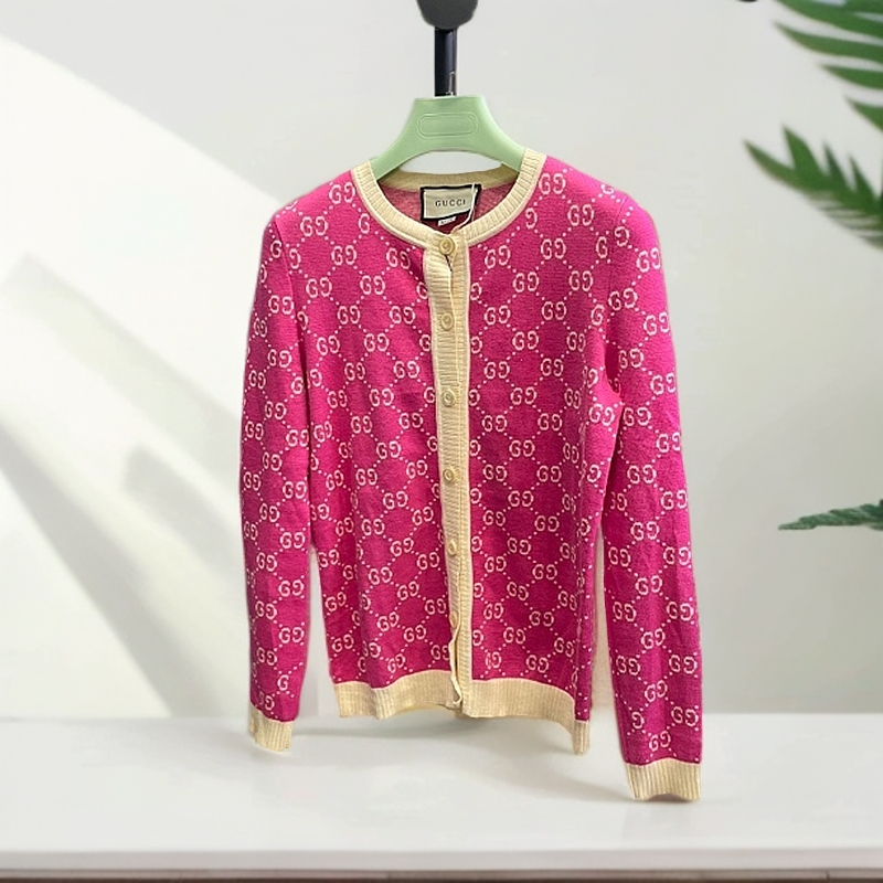 95新 GUCCI/古驰 潮服/古驰/m码/粉底白色针织老花开衫/05460028