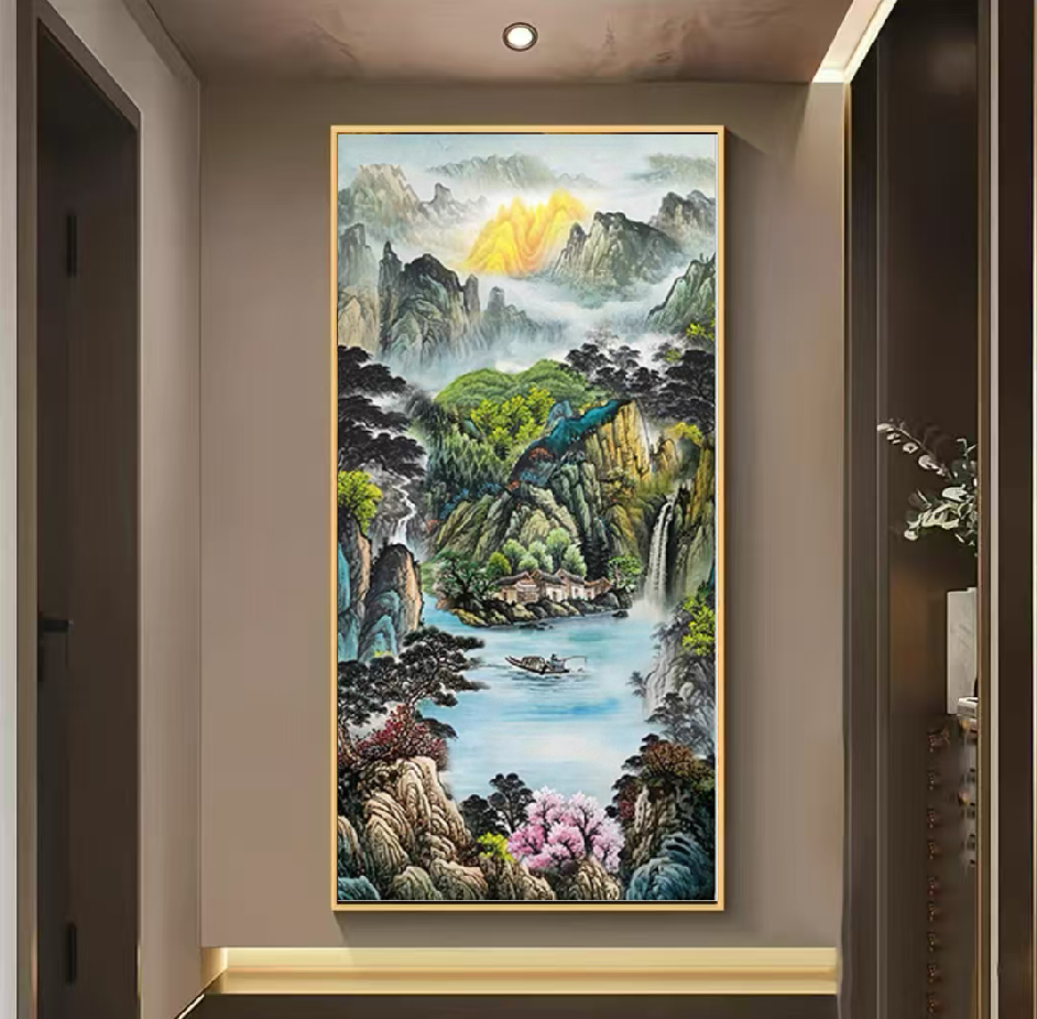金山聚宝盆玄关挂画新中式西墙聚财山水画靠山图装饰画竖版大气