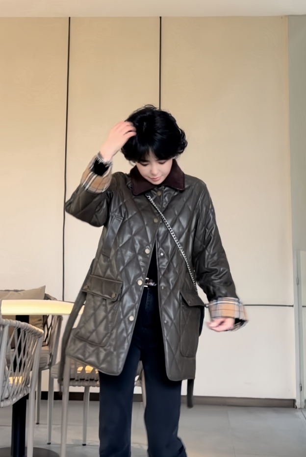 【景汇专属】桑蚕丝加厚中长款菱格纹拼接灯芯绒领真皮羊皮外套8516