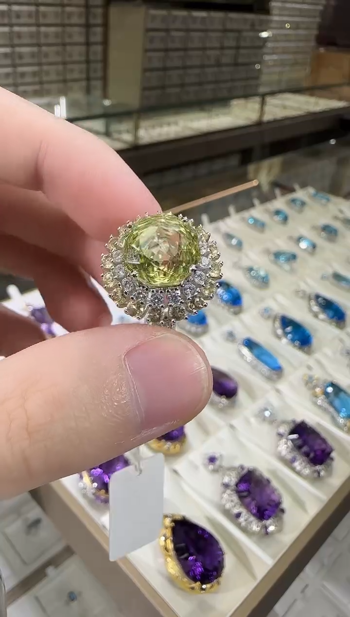 银S925镶嵌戒指水晶11mm柠檬晶