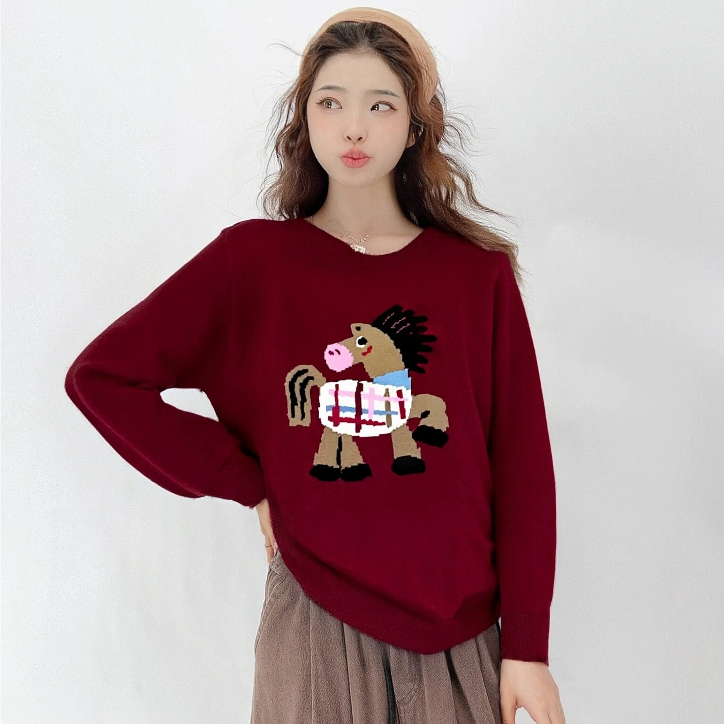  【胜华优选】马年来到！新年~圣诞~圆领小马提花针织衫23688