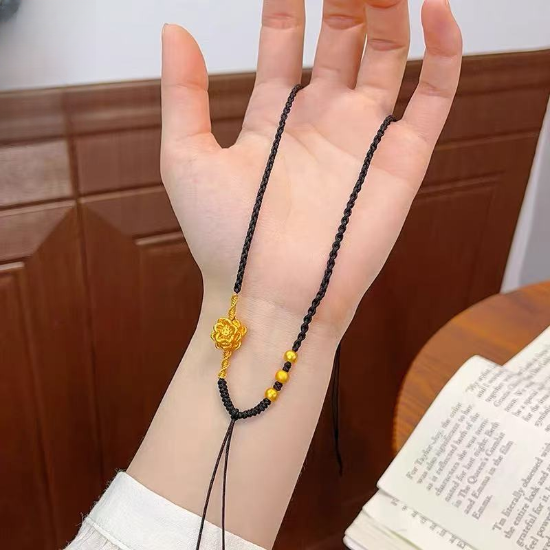 非金属布艺项链 莲花珠珠黑绳项链手工编织可调节