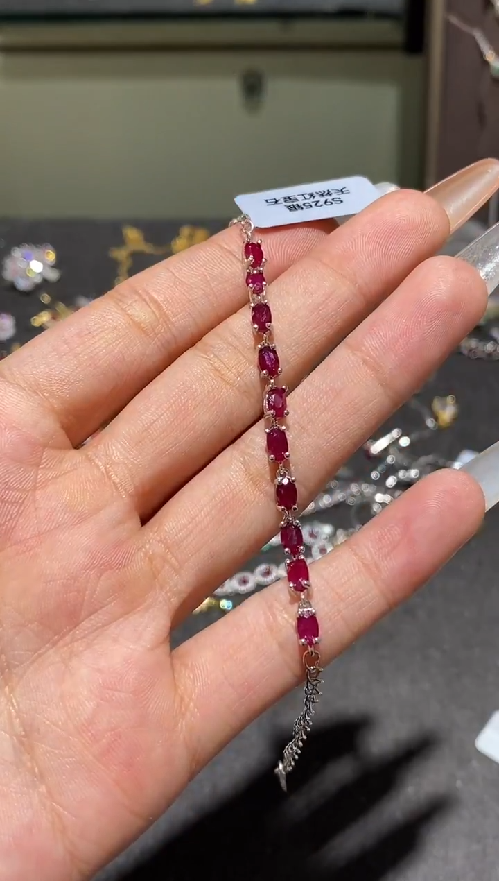 银S925镶嵌手链红宝石手链
