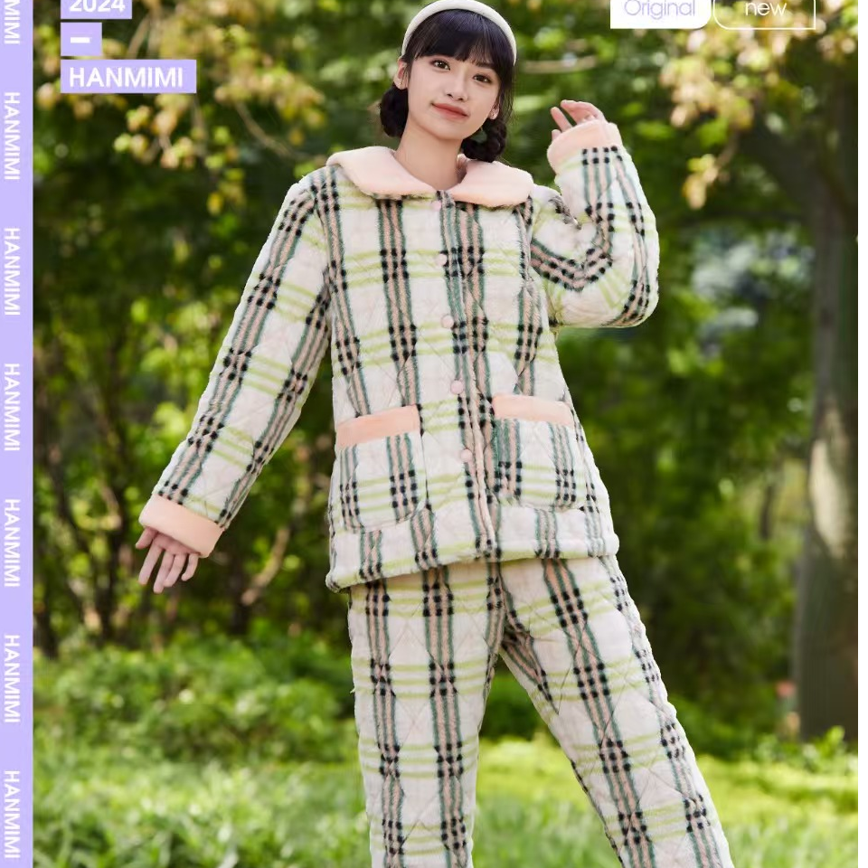 韩蜜蜜冬款女士兔貂绒加厚加绒外穿时尚夹棉睡衣家居服套装702691