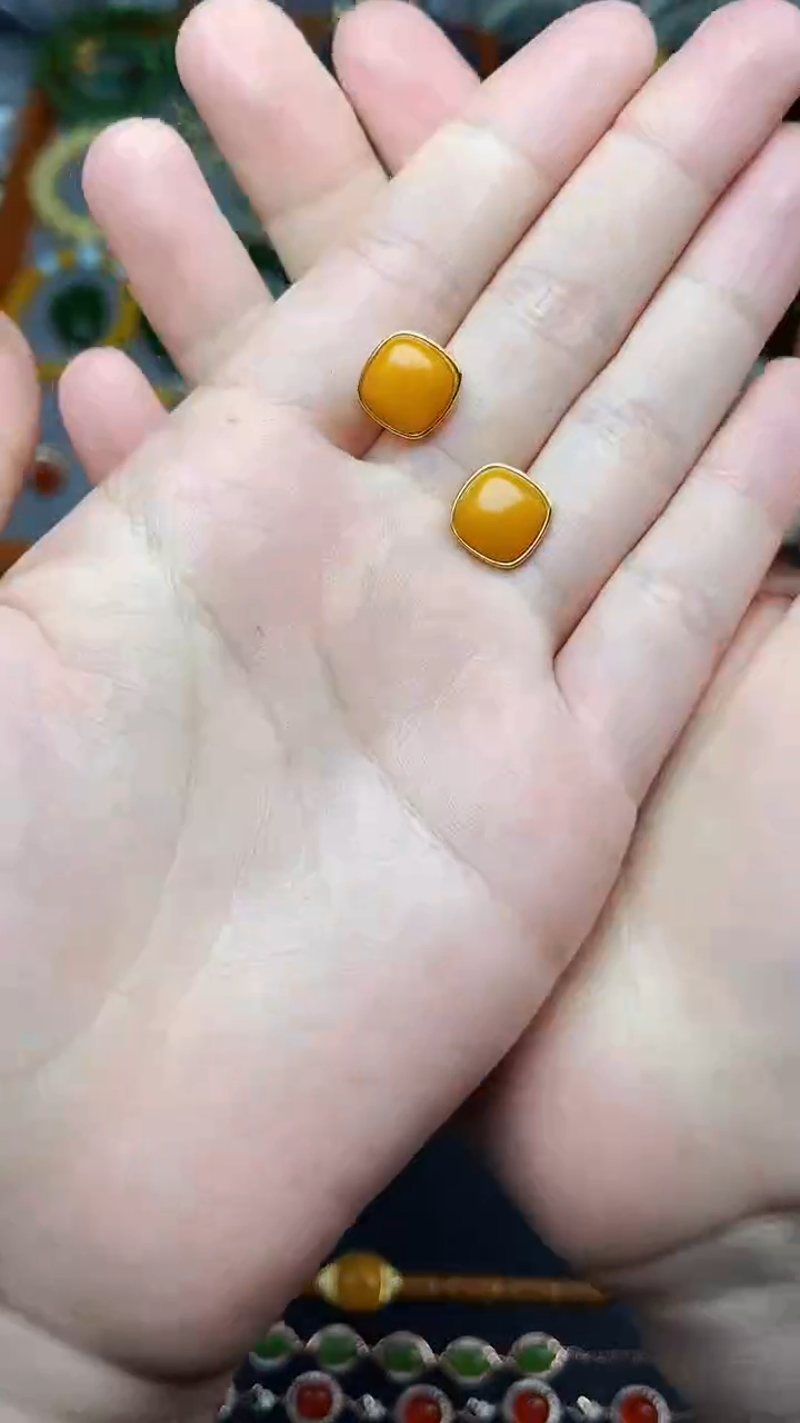 蜜蜡银S925镶嵌耳饰耳钉 06