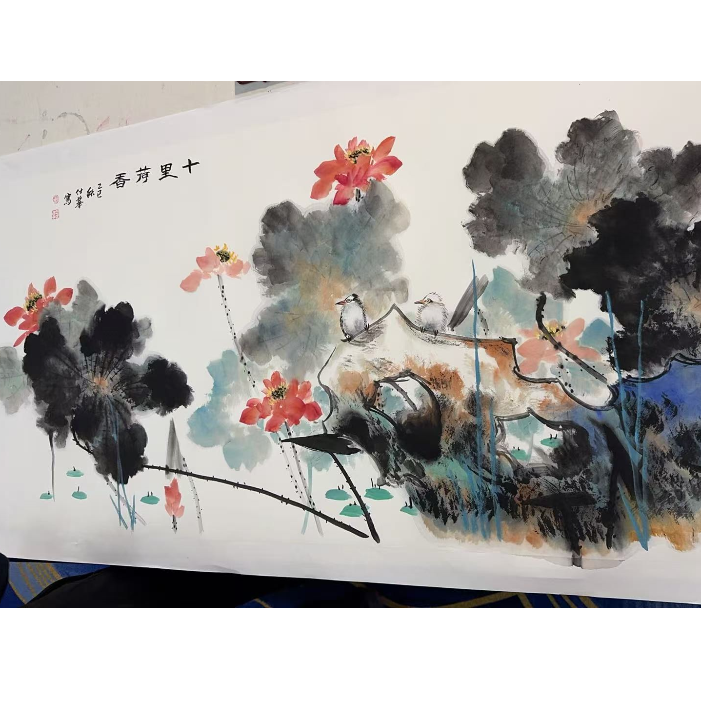 刘仕华手绘四尺宣纸-十里荷香1
