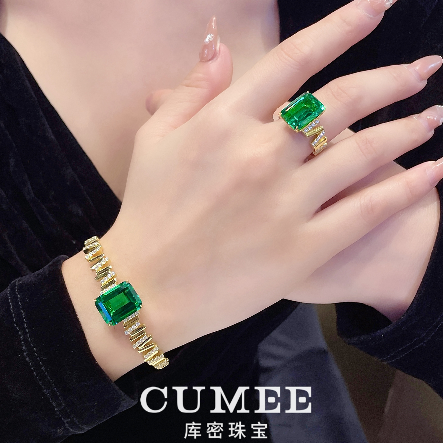 925银戒指 高质感 奢华大克拉全净体合成祖母绿戒指手镯.银镀金