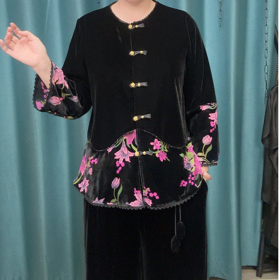 秋季新款丝绒拼色烧花宽松中国风显瘦妈妈套装2535