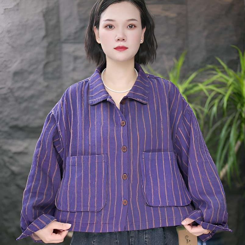 FF口袋春季透气短款宽松短外套条纹设计师长袖立领秋季