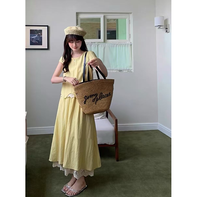 Y21955-夏季新款时尚气质韩版甜美套装裙女洋气蕾丝拼接裙子