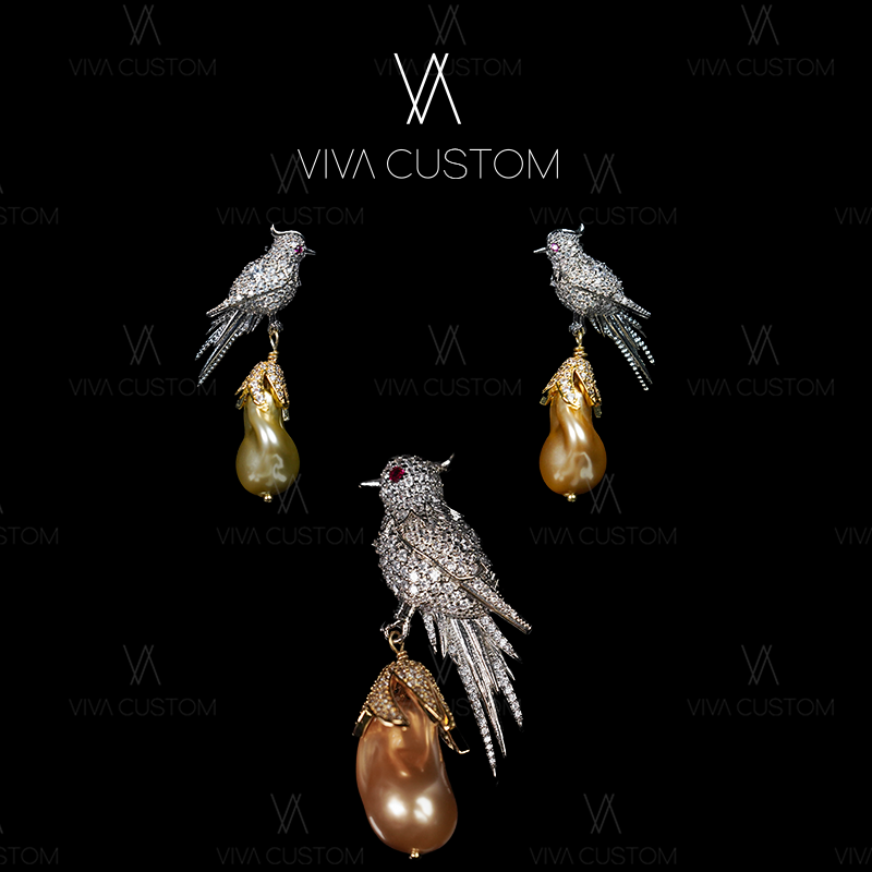 合金仿珍珠耳饰 (动物系列)高级感中式精美巴洛克朱雀套装