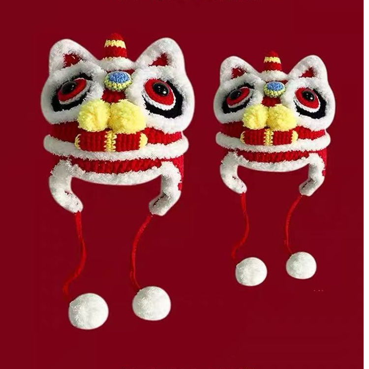 秋冬儿童休闲中国风冬季卡通红色帽子红色醒狮帽过年帽护耳帽亲子