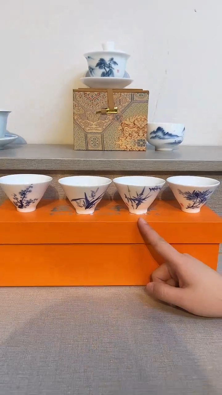 景德镇高温瓷梅兰竹菊手绘斗笠