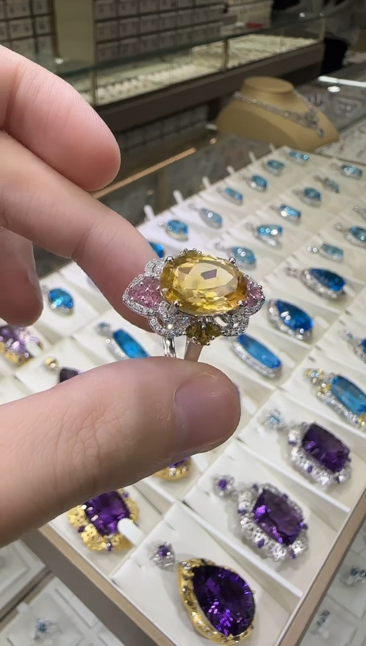 银S925镶嵌戒指黄晶10*14mm