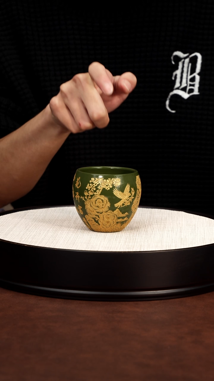 茶壶紫砂绿泥 描金牡丹杯