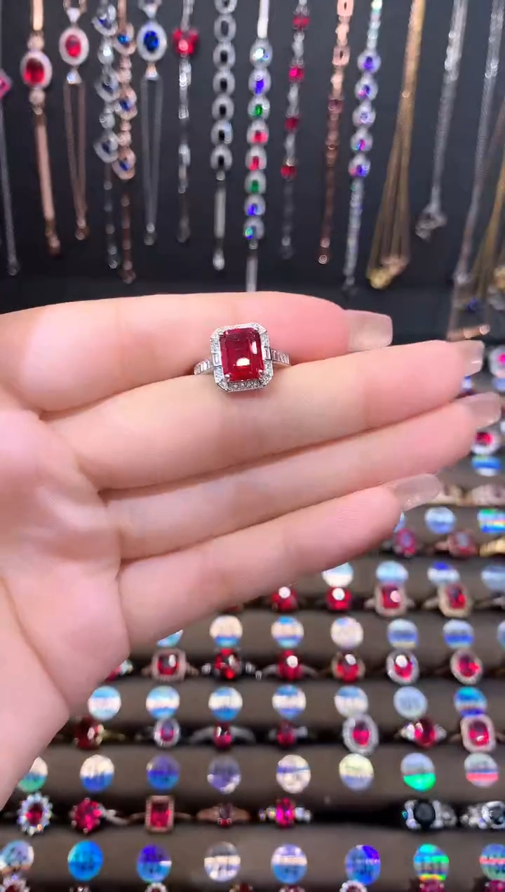 红宝石戒指银S925镶嵌酒红7.9