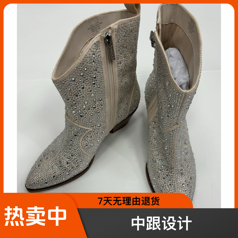 小圆头时尚满钻中跟舒适气质布面短靴