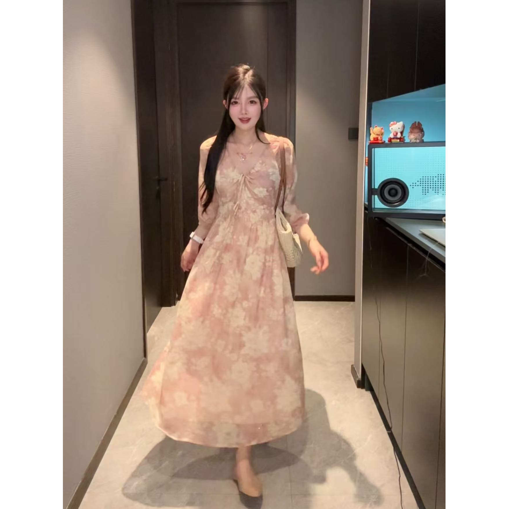 2025新款七分袖乔其纱印花长裙连衣裙