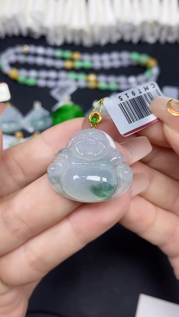 吊坠(不含链)18K金镶嵌翡翠佛公18K金扣镶嵌@@CMT915
