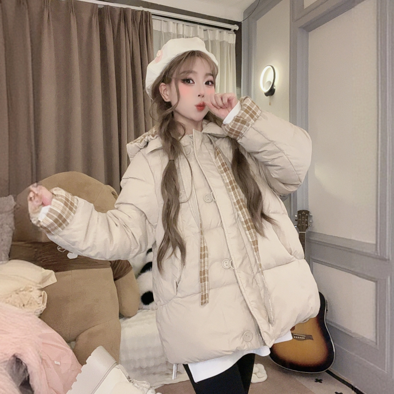 518 飘带格纹中长款服设计感洋气超好看加厚保暖面包服