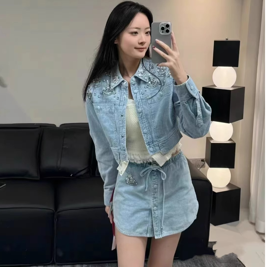 【今安安】2025春季新款短外套重工钉珠灯芯绒牛仔外套套装