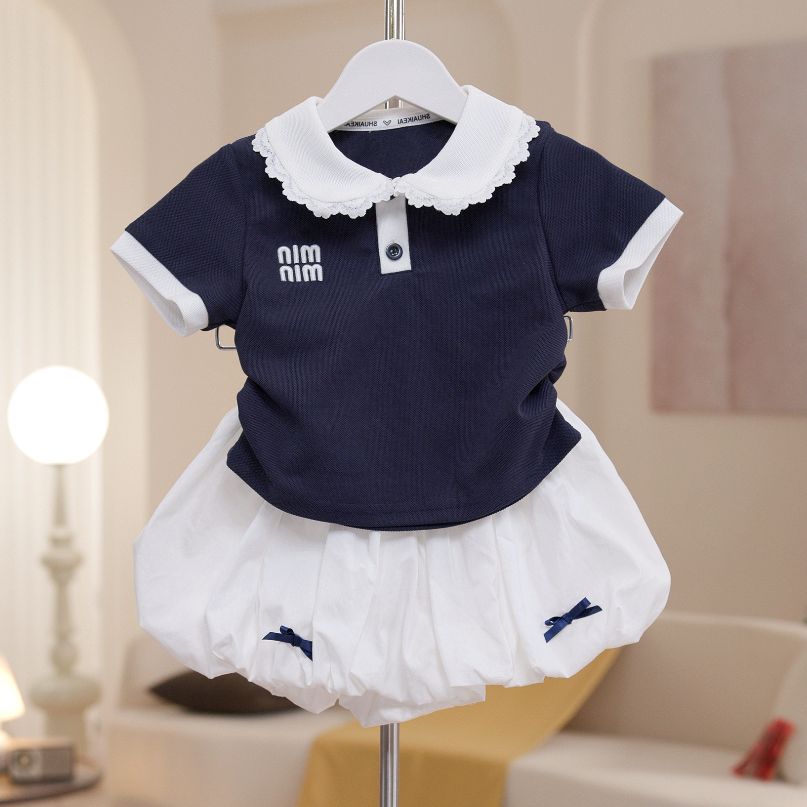 【MM】女童夏季学院风娃娃领蕾丝套装花苞裙裤两件套韩版